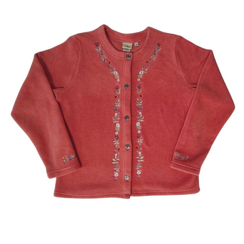 L.L. Bean Vtg Floral Fleece Cardigan Womens M Medium Coral Grandma Cottagecore